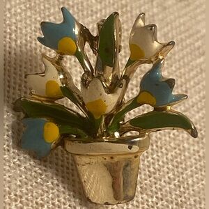 Vintage flower basket brooch tulip Floral Enamel pin  blue yellow white Spring